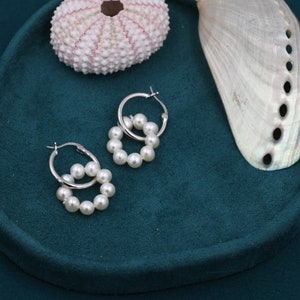 Pearl Wreath Hoop Earrings in Sterling Silver, Detachable Beaded Pearl Hoop Earrings, Pearl Charm Hoop Earrings, 14mm Hoops