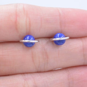 Sterling Silver 'Blue Planet' Saturn Planet Halo Stud Earrings with Lapis Lazuli Gemstone, Gold or Silver, Cute Fun Quirky Design image 8