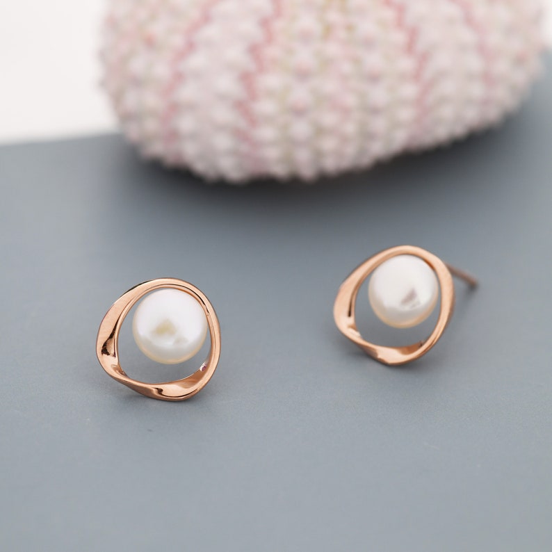 Genuine Freshwater Pearl and Mobius Circle Stud Earrings in Sterling Silver, Delicate Keshi Pearl Halo Earrings, Genuine Freshwater Pearls image 7