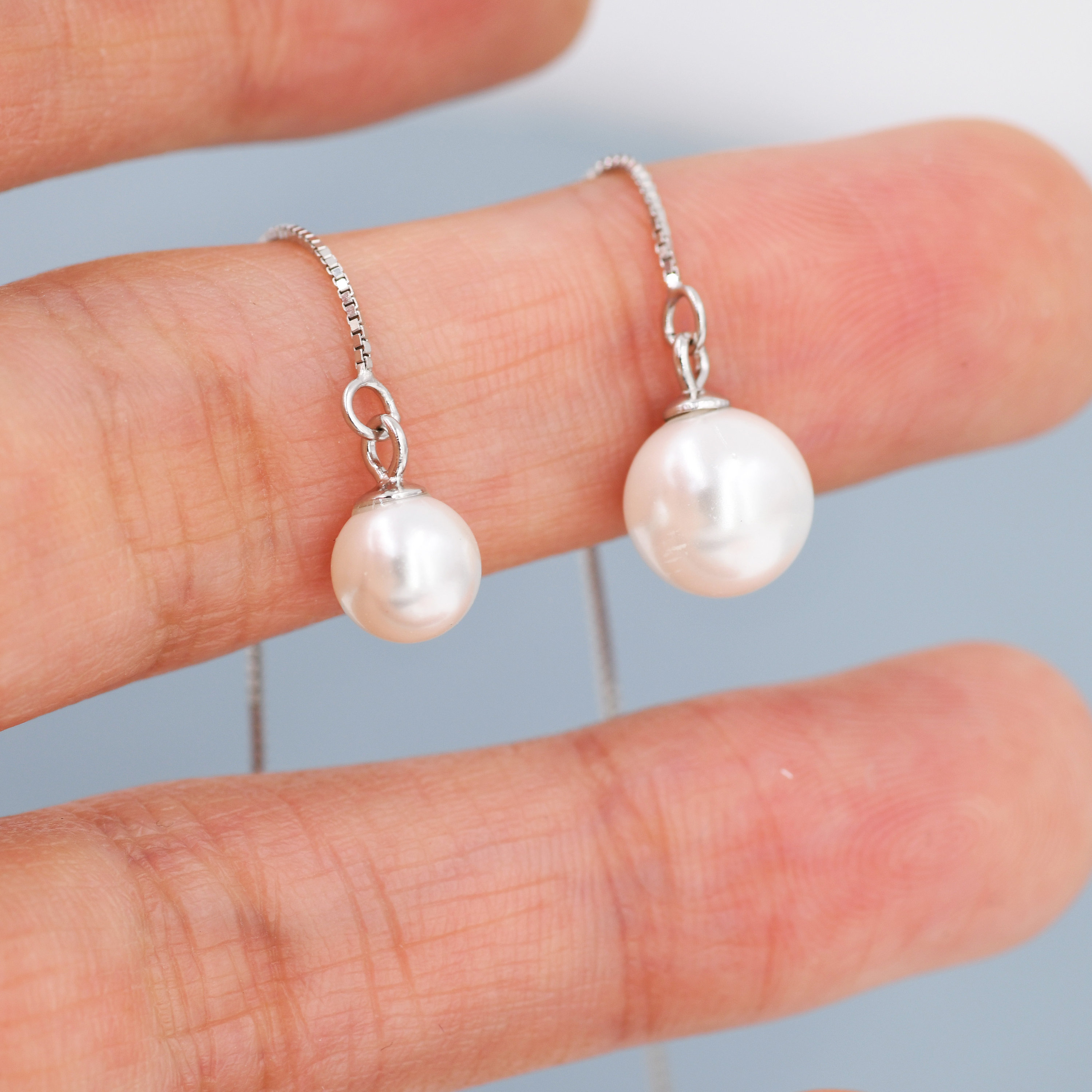 Pearl Ear Threaders in Sterling Silver Dangle Pearl Earrings Etsy