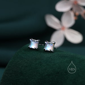 Sterling Silver Moonstone Square Stud Earrings, Prong Set, Mermaid Colour Earrings, Simulated Moonstone Glass Earrings, Minimalist