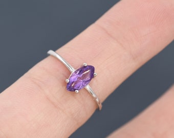 Genuine Amethyst Ring in Sterling Silver, Natural Marquise Cut Amethyst Stone Ring, Stacking Rings, US 5-8