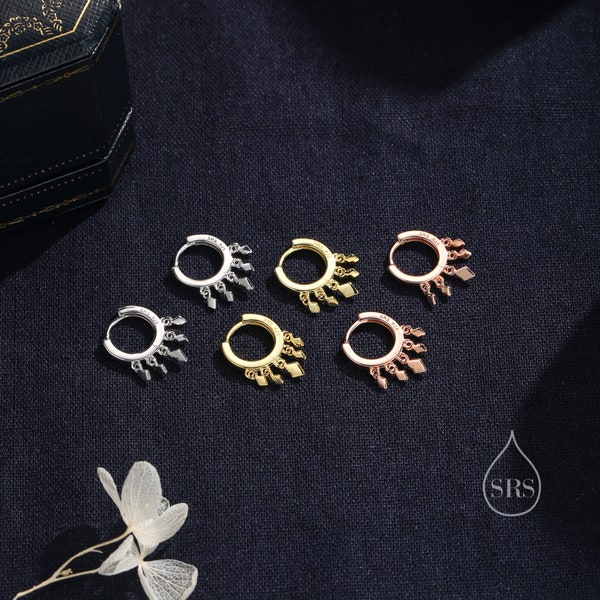 Sterling Silver Rhombus Charm Huggie Hoops, Silver, Gold or Rose Gold, Tassle Charm Huggie Hoops, Geometric Hoop Earrings