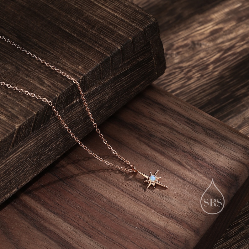 Tiny North Star Pendant Necklace in Sterling Silver with Blue Opal, Silver or Gold or Rose Gold, Starburst Necklace, Tiny Opal Star Necklace zdjęcie 4
