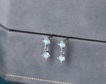Tiny Double Aurora AB CZ Dangle Stud Earrings in Sterling Silver, Silver or Gold, Two CZ Prong Earrings,  Colour Changing Crystal Earrings