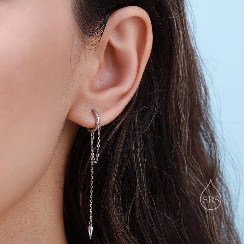 Dangling Spike Chain Huggie Hoop Earrings in Sterling Silver, Available in Silver, Gold or Rose Gold, Spike Dangle Earrings, Chain Hoops image 2