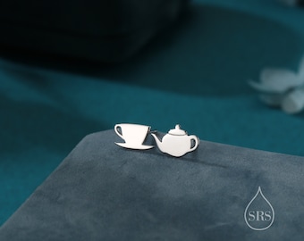 Mismatched Teapot and Tea Stud Earrings in Sterling Silver, Silver or Gold or Rose Gold,  Asymmetric Teacup Earrings,