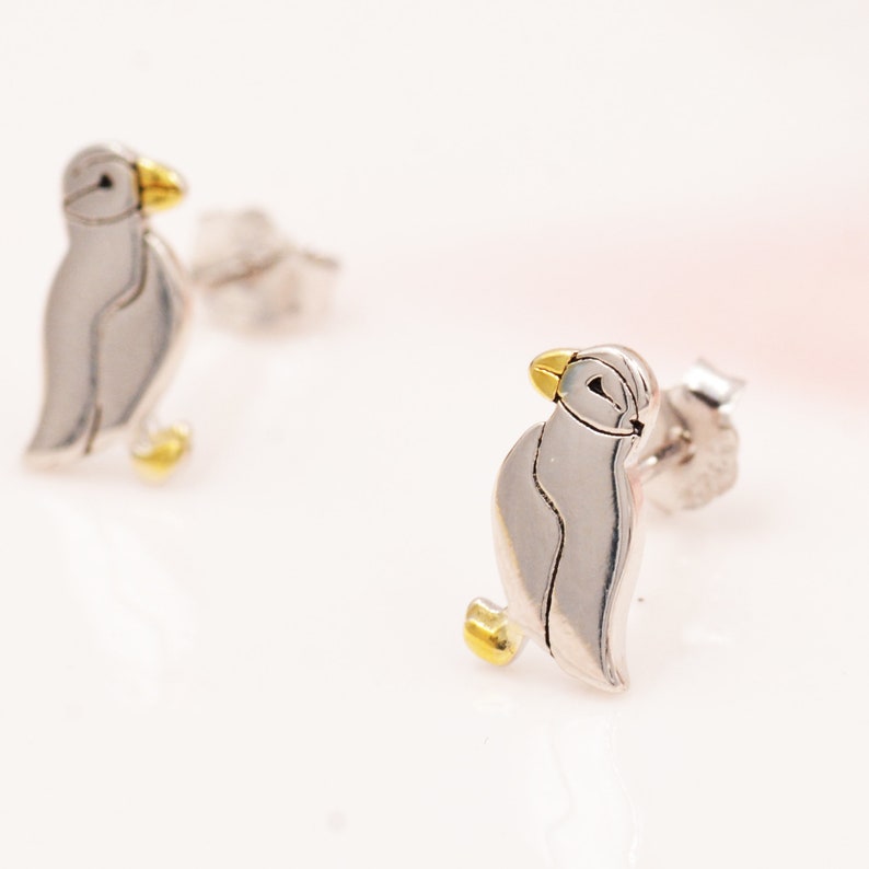 Puffin Bird Stud Earrings in Sterling Silver Gold and Silver Two Tone Cute, Fun, Whimsical and Pretty Jewellery image 2