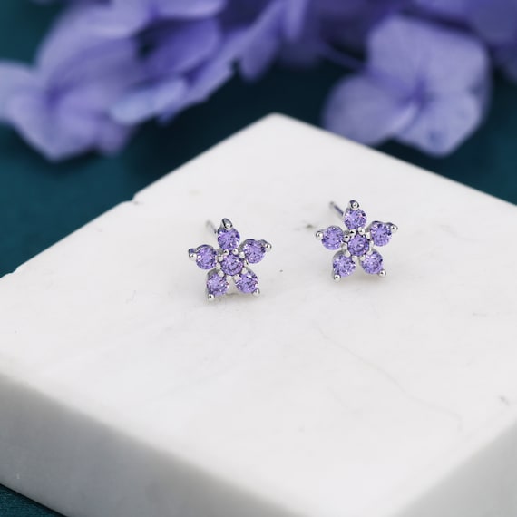 Pair Amethyst Purple CZ Flower Stud Earrings in Sterling