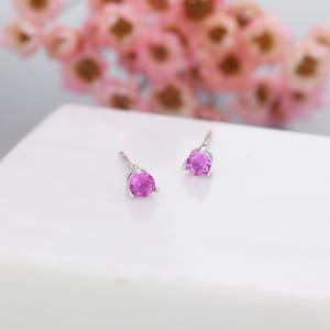 May include: A pair of silver stud earrings with small, round, pink gemstones.