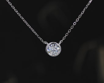 1 Carat Moissanite Solitaire Bezel Pendant Necklace  in Sterling Silver, 1 Ct Moissanite Diamond Bubble Necklace, 6.5mm Moissanite