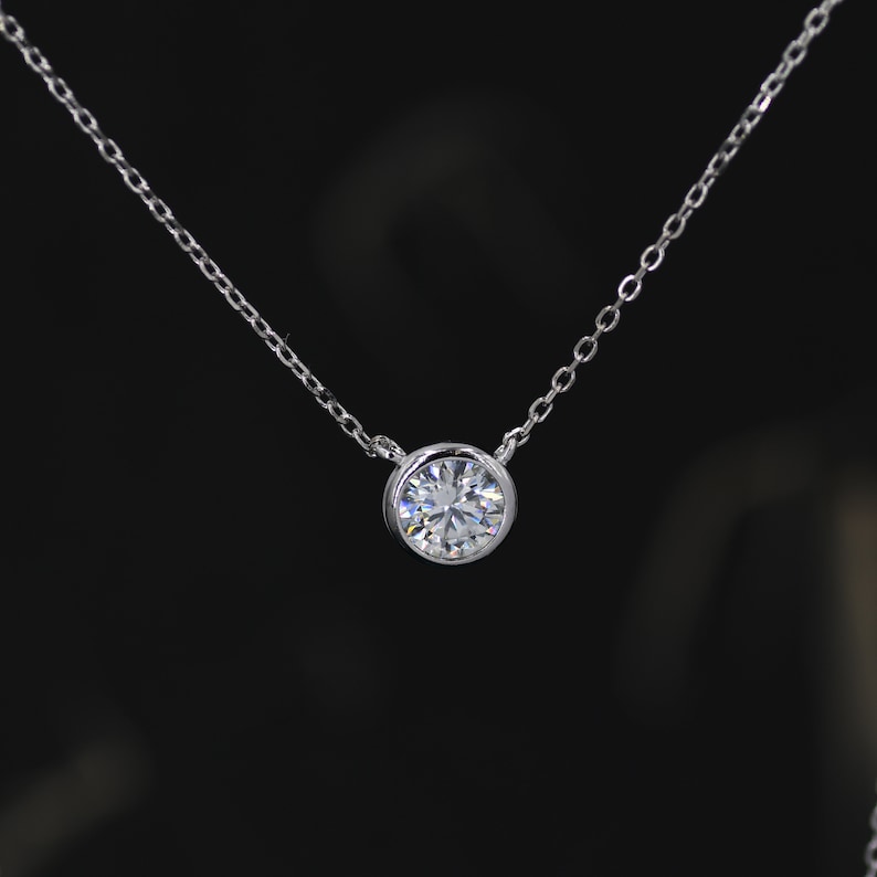 1 Carat Moissanite Solitaire Bezel Pendant Necklace in Sterling Silver, 1 Ct Moissanite Diamond Bubble Necklace, 6.5mm Moissanite image 1