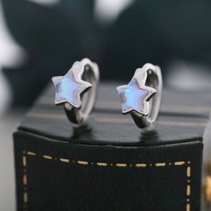 Moonstone Star Huggie Hoop Earrings in Sterling Silver, Silver or Gold, Simulated Moonstone Star Hoops, Celestial Earrings, Star Earrings