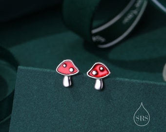 Tiny Mushroom Stud Earrings in Sterling Silver, Hand Painted Enamel, Fly Agaric, Nature Inspired Plant Earrings, Fungus Earrings