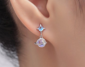 Pendientes de planeta de piedra lunar con estrella en plata de ley, pendientes de Saturno de piedra lunar de laboratorio, plata u oro, pendientes de planeta