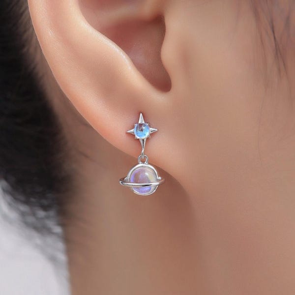 Moonstone Planet with Starburst Stud Earrings in Sterling Silver, Lab Moonstone Saturn Earrings, Silver or Gold, Planet Earrings