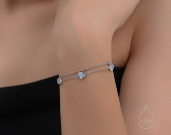 Double Layer Moonstone Star Trio Bracelet in Sterling Silver, Silver or Gold, Simulated Moonstone Star Bracelet,  Two Layer Star Bracelet