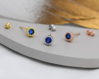 Sterling Silver Sapphire Blue CZ Stud Earrings,  4mm September  Birthstone CZ Earrings, Silver, Dotted Bezel, Gold or Rose Gold