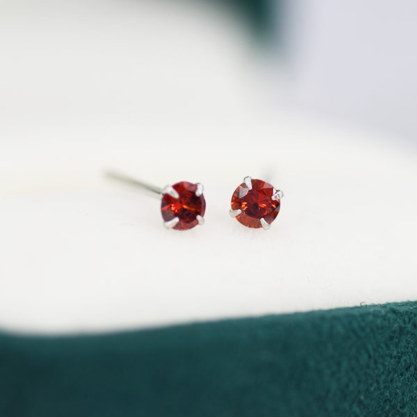 Sterling Silver January Birthstone Garnet CZ Stud Earrings, Extra Tiny Red Crystal Stud, 3mm Birthstone CZ Earrings