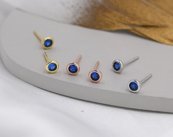 Sterling Silver Sapphire Blue CZ Stud Earrings,  4mm September Birthstone CZ Earrings, Silver, Gold or Rose Gold, Stacking Earrings