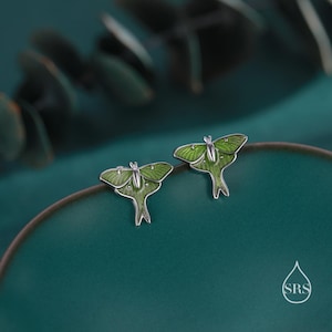 Lunar Moth Enamel Screw Back / Flat Back / Stud Earrings in Sterling Silver, Green Enamel Butterfly Earrings, Nature-Inspired Animal Earring