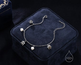 Lily of the Valley Flower and Freshwater Pearl Charm Bracelet in Sterling Silver, Flower Bracelet with Natural Pearls, Genuine Pearls