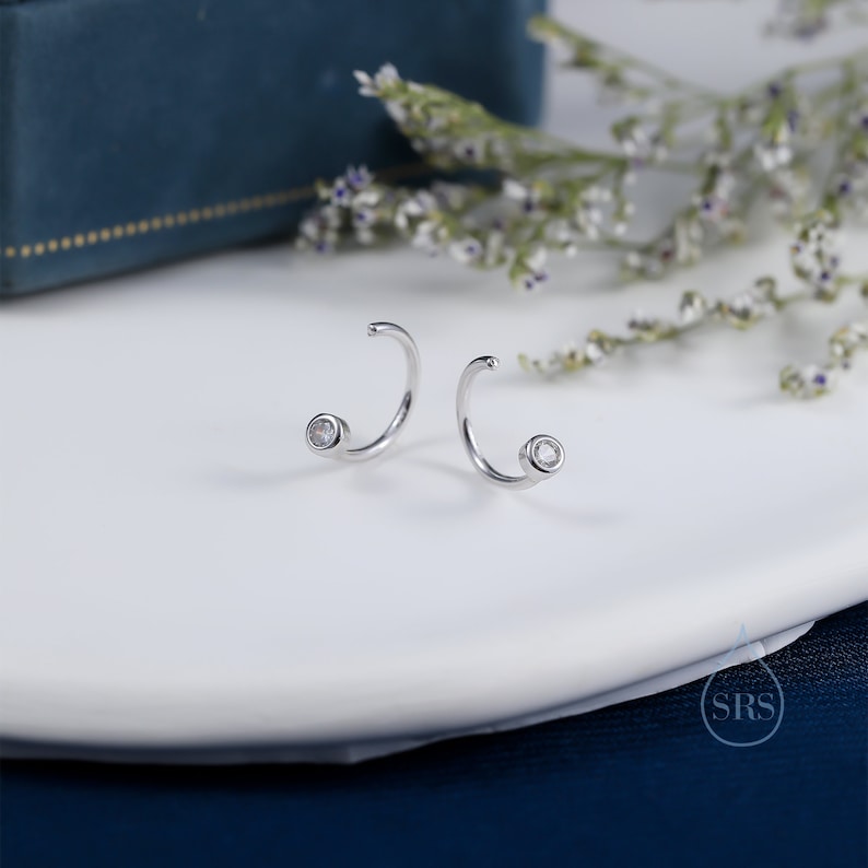 2mm Diamond CZ Huggie Hoop Earrings in Sterling Silver, Silver, or Gold, Half Hoop, Open Hoop, Pull Through, Dainty Earrings image 6