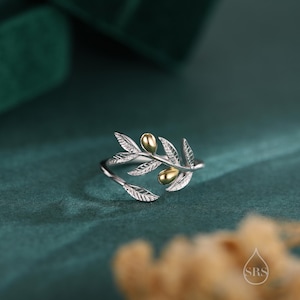 Olijfblad met olijfring in sterlingzilver, tweekleurige afwerking, verstelbaar in maat, botanische sieraden olijftak, olijffruitring