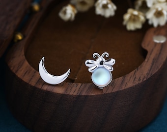 Mismatched Firefly and Moon Stud Earrings in Sterling Silver, Asymmetric Moon and Firefly Earrings, Fun and Quirky