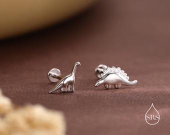 Mismatched Dinosaur 16G Internally Threaded Flat Back Earrings in Sterling Silver, Animal Earrings