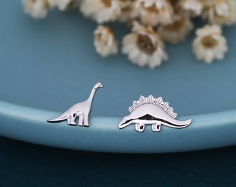 Pendientes de dinosaurio no coincidentes en plata de ley, plata, oro u oro rosa, pendientes asimétricos de estegosaurio y braquiosaurio Dino