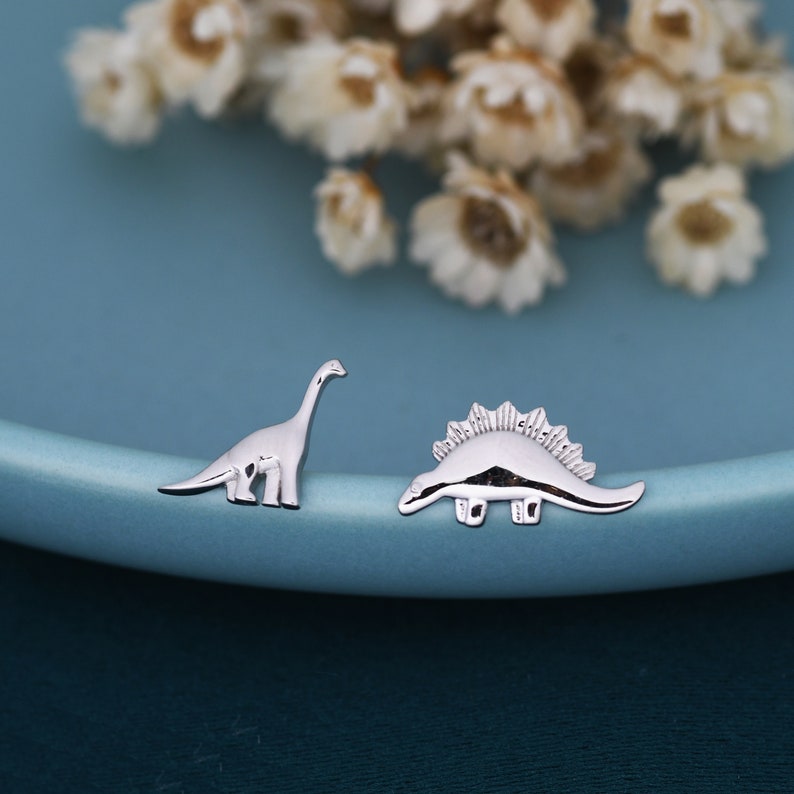 Mismatched Dinosaur Stud Earrings in Sterling Silver, Silver, Gold or Rose Gold, Asymmetric Stegosaurus and Brachiosaurus Dino Earrings image 1