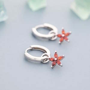 Garnet Red Flower CZ Huggie Hoop in Sterling Silver, Silver or Gold,  January Birthstone, Detachable and Interchangeable