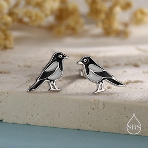 Very Small Sterling Silver Magpie Bird Stud Earrings,  Enamel Coated Magpie Bird Earrings, Nature Inspired Animal Earrings, Magpie Stud
