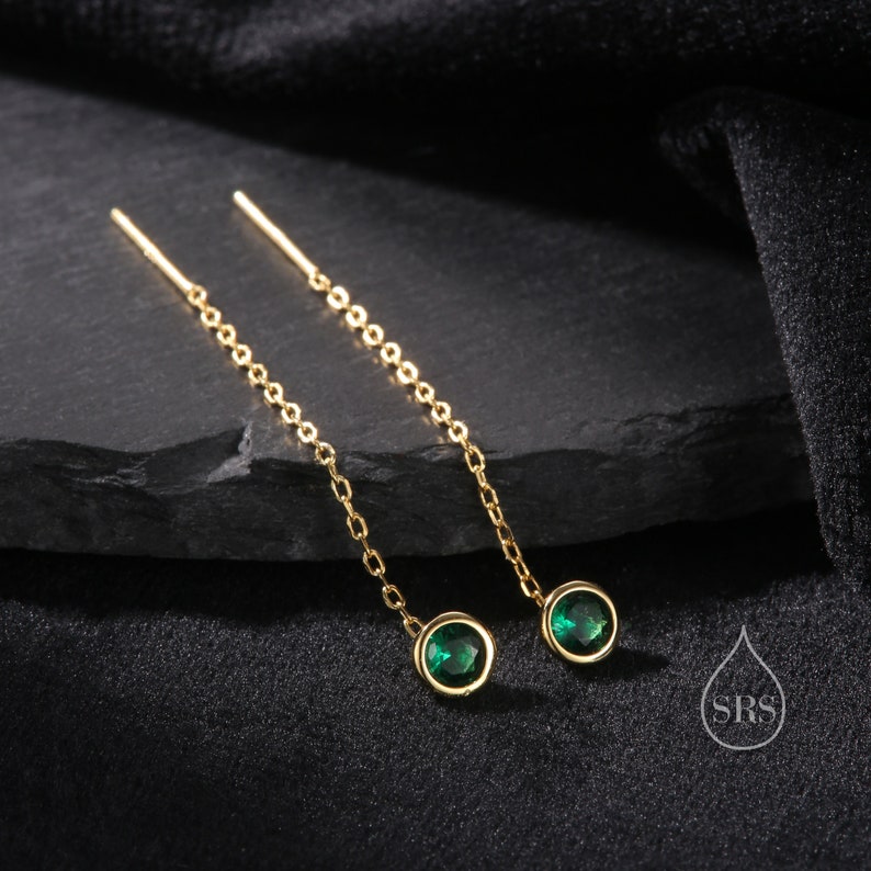 Emerald Green Bezel CZ Crystal Threader Earrings in Sterling Silver, Silver or Gold, Minimalist Crystal Ear Threaders, Threader Ear Jackets image 5