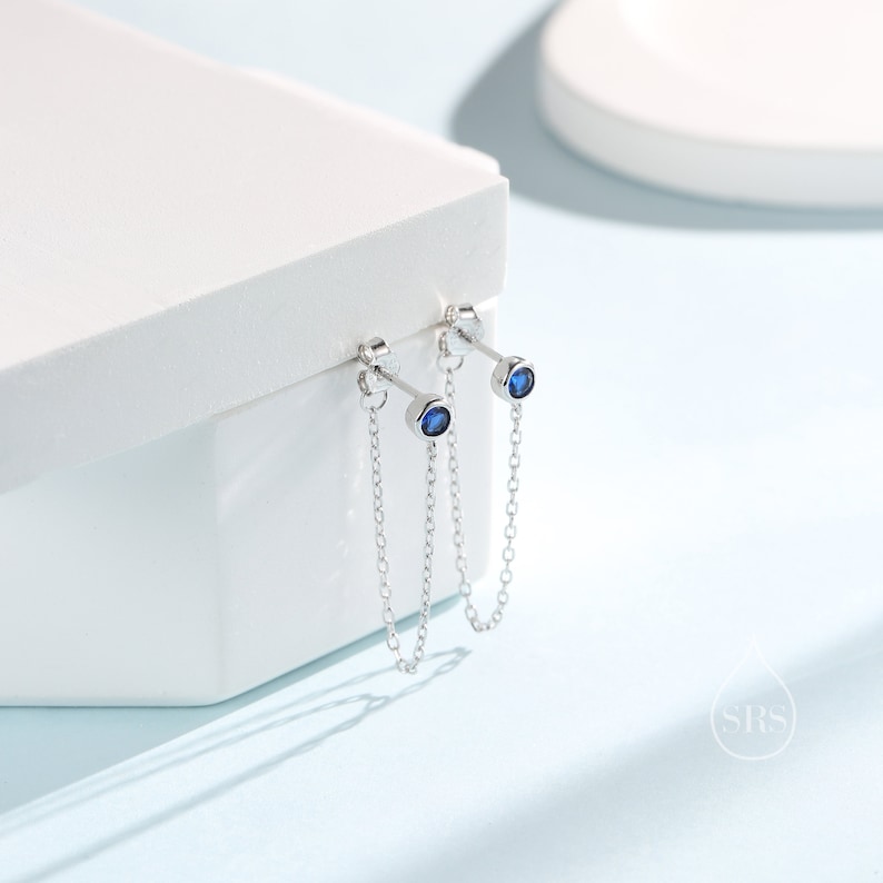 Sapphire Blue CZ Chain Ear Jacket in Sterling Silver, Silver or Gold, Front and Back Earrings, Two Part Earrings, Linking Chain Earrings image 7