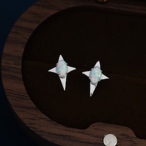 May include: A pair of silver star-shaped earrings with opal stones. The earrings are on a dark brown wooden surface.