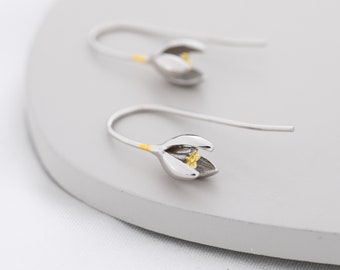 Snowdrop Flower Drop Earrings in Sterling Silver, Silver and Gold, Nature Inspired Flower Earrings, January Birth Flower, Botanical