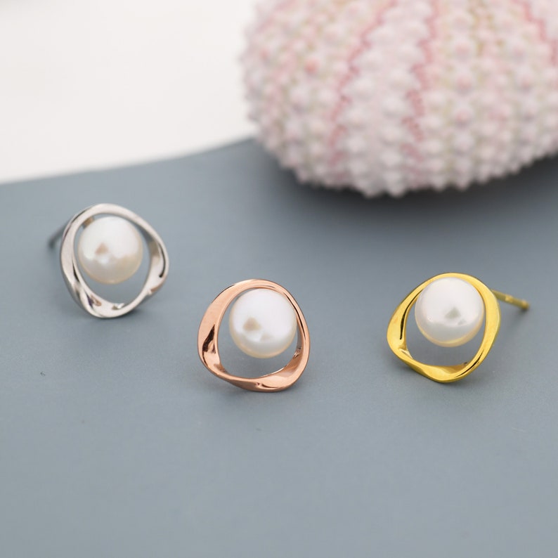 Genuine Freshwater Pearl and Mobius Circle Stud Earrings in Sterling Silver, Delicate Keshi Pearl Halo Earrings, Genuine Freshwater Pearls image 3