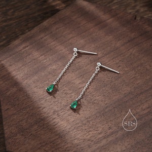 Emerald Green Droplet CZ with Chain Dangle Stud Earrings in Sterling Silver, Silver or Gold, Green CZ Pear Drop Earrings image 5