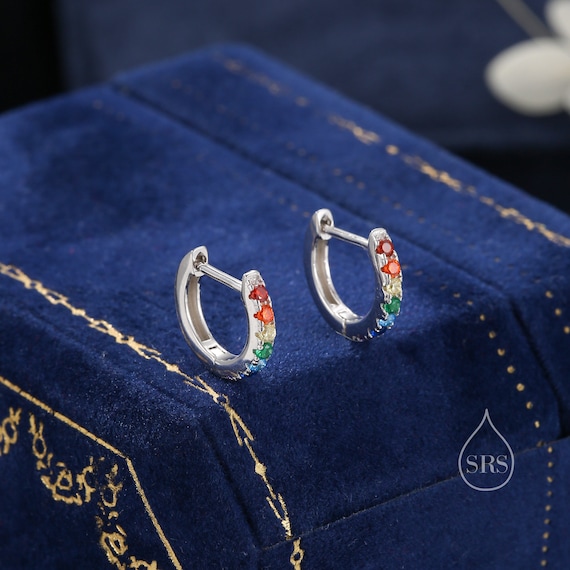 Orecchini A Cerchio Huggie In Argento Sterling 925 Con Zirconi Multicolori - Arcobaleno Pride Per Donna - 2