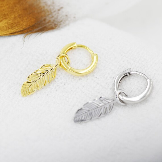 Sterling Silver Feather Hoop Earrings, Detachable Feather Dangle Hoop Earrings, Silver or Gold,  Interchangeable Charms