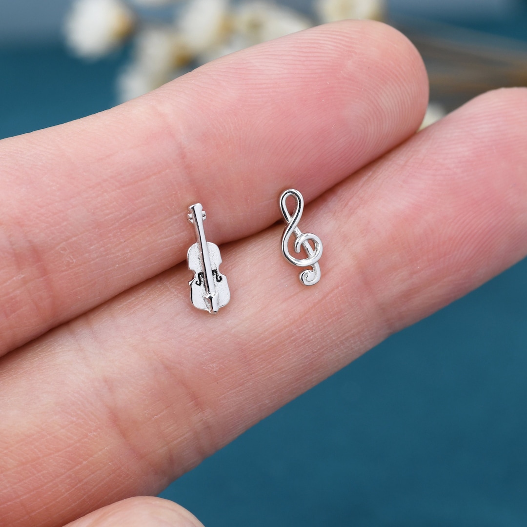 Mismatched Violin and Music Note Stud Earrings in Sterling Silver