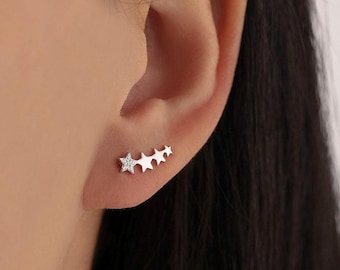 CZ Star Crawler Earrings in Sterling Silver, Silver or Gold, Four Star Earrings, Ear Climbers, Celestial Earrings