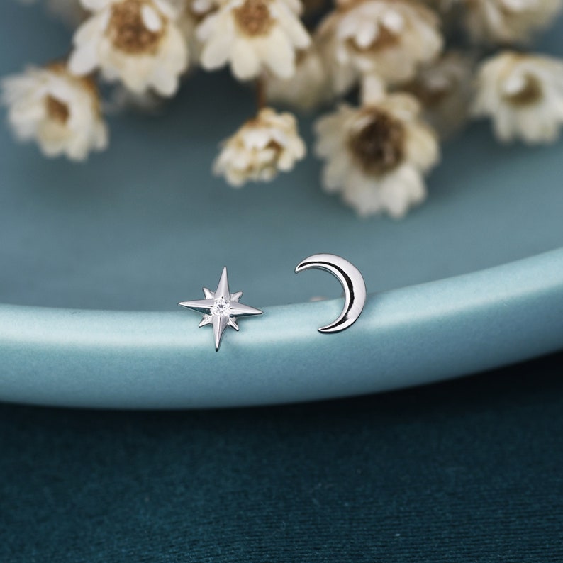 Mismatched Starburst and Moon Stud Earrings in Sterling Silver, Silver or Gold or Rose Gold, Asymmetric CZ Star and Crescent Moon Earrings image 1