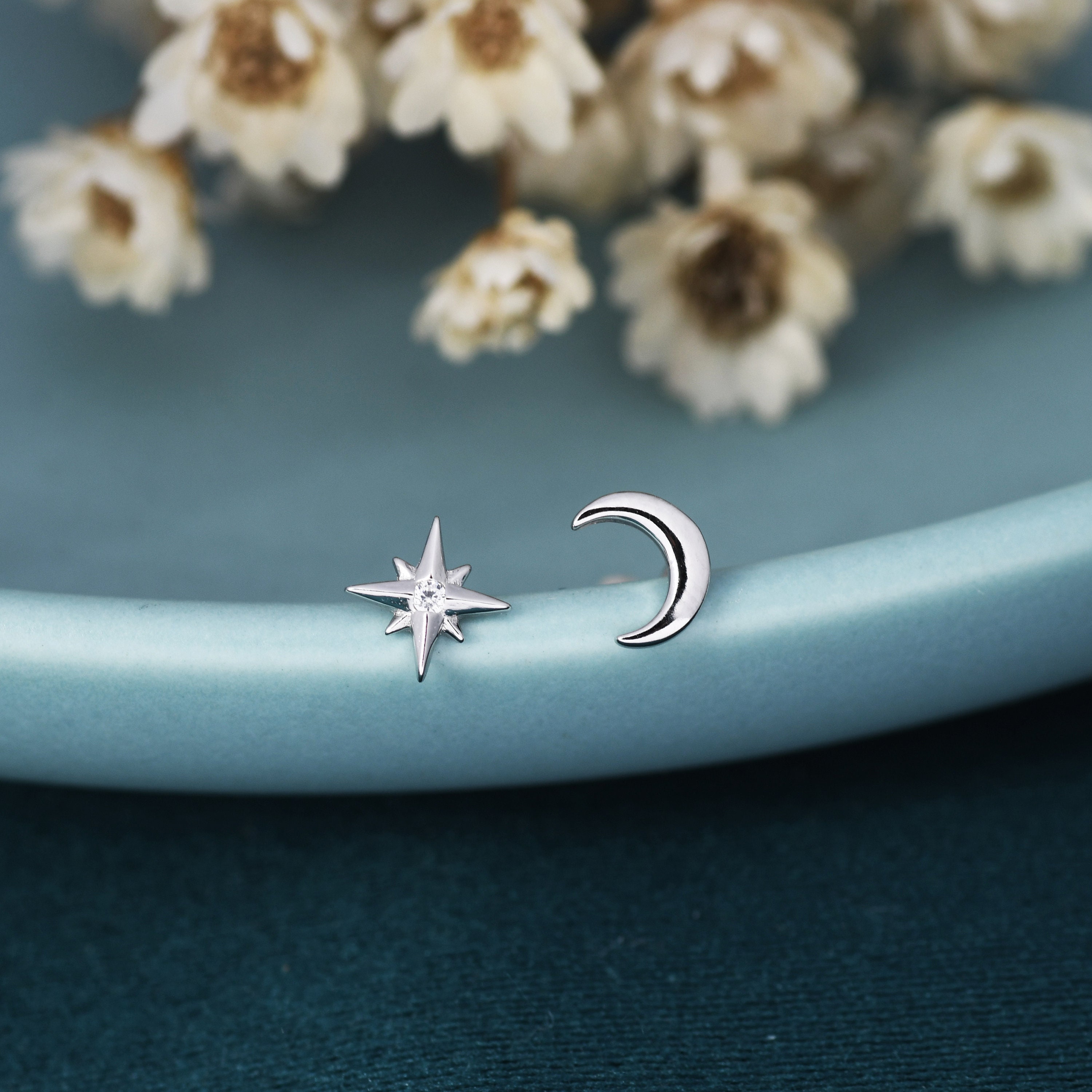 Mismatched Starburst and Moon Stud Earrings in Sterling