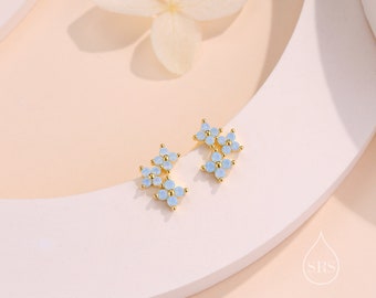 Tiny Hydrangea Bouquet CZ Stud Earrings in Sterling Silver, Silver or Gold, Opal Blue or Opal Pink, Three CZ Flower Earrings, CZ Cluster
