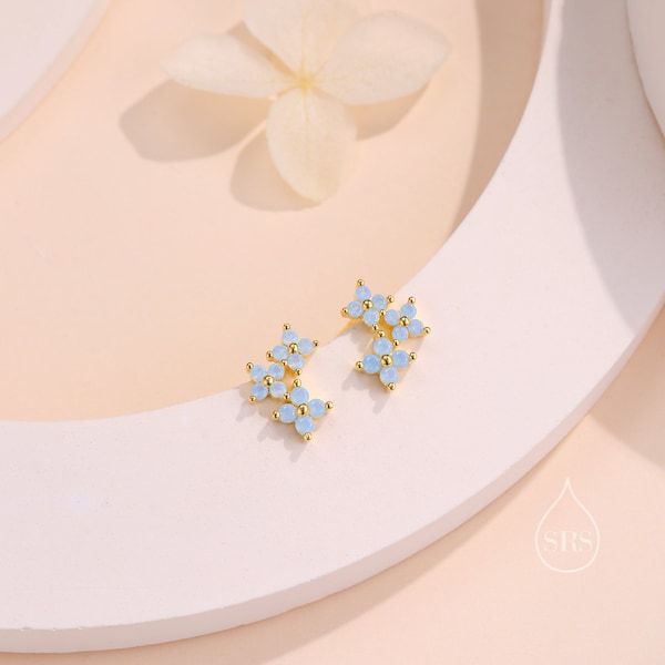 Tiny Hydrangea Bouquet CZ Stud Earrings in Sterling Silver, Silver or Gold, Opal Blue or Opal Pink, Three CZ Flower Earrings, CZ Cluster
