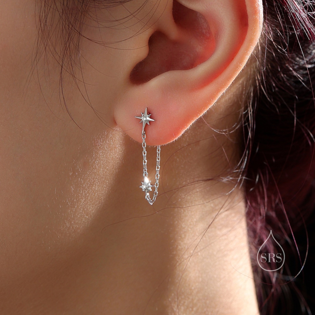 Starburst CZ Dangle Chain Stud Earrings in Sterling Silver, Silver, Gold or Rose Gold, North Star Earrings, Star Ear Jacket - Etsy Japan