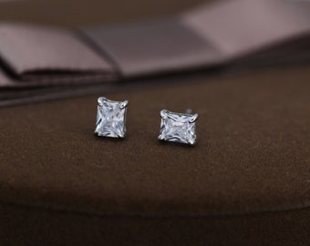 Emerald Cut Diamond CZ Stud Earrings in Sterling Silver,  Silver or Gold, Square Cut Crystal Earrings, April Birthstone
